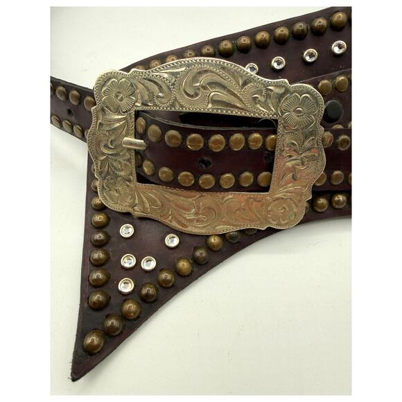 Jose Luis German Silver Buckle Brass & Rhinestone Studded Leather Western Belt main image 7